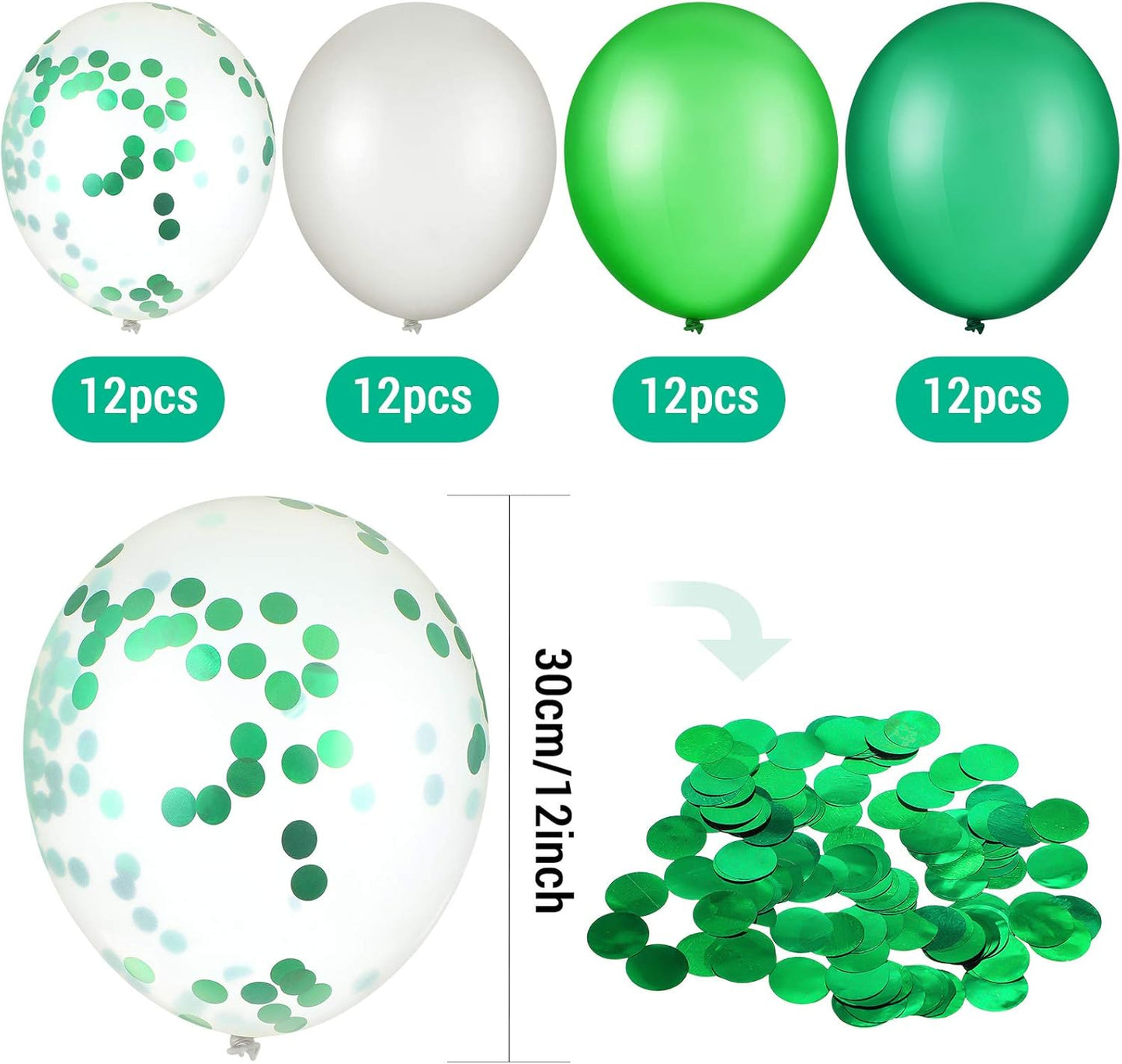 Sumind 48 Pcs Green Balloons - 12 Inch White & Green Confetti Latex for Jungle Safari Party Decor