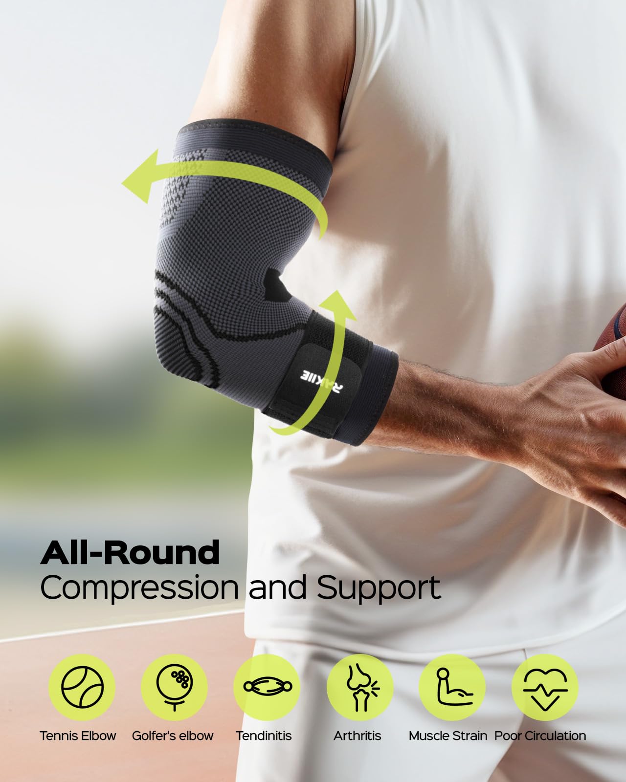 Rakiie Elbow Support Brace for Men and Women, 2 Pack Elbow Compression Sleeve, Elbow Brace for Tendonitis and Tennis Elbow, Elbow Sleeve Reduce Joint Pain for Tennis, Golfer, Workouts Black (M)
