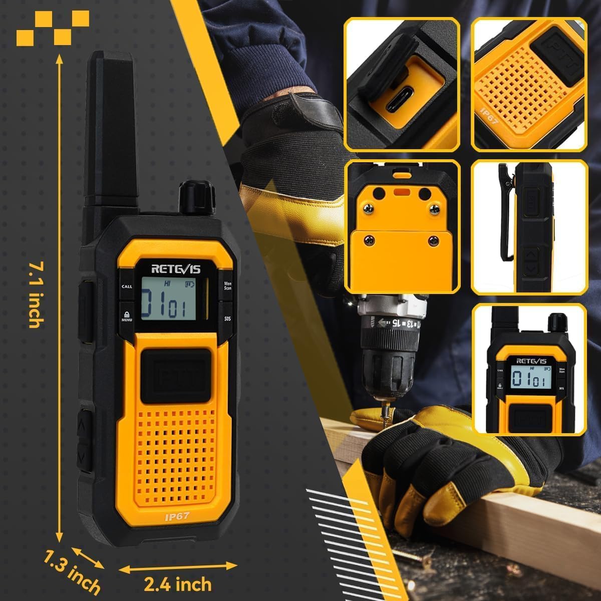 Retevis RB48 FRS Walkie Talkies Long Range, Rugged & IP67 Waterproof & Floating, Mil-Standards 810H Two Way Radio, Heavy-Duty, NOAA, Rechargeable, 20hr Battery, Emergency Radio(2 Pack)