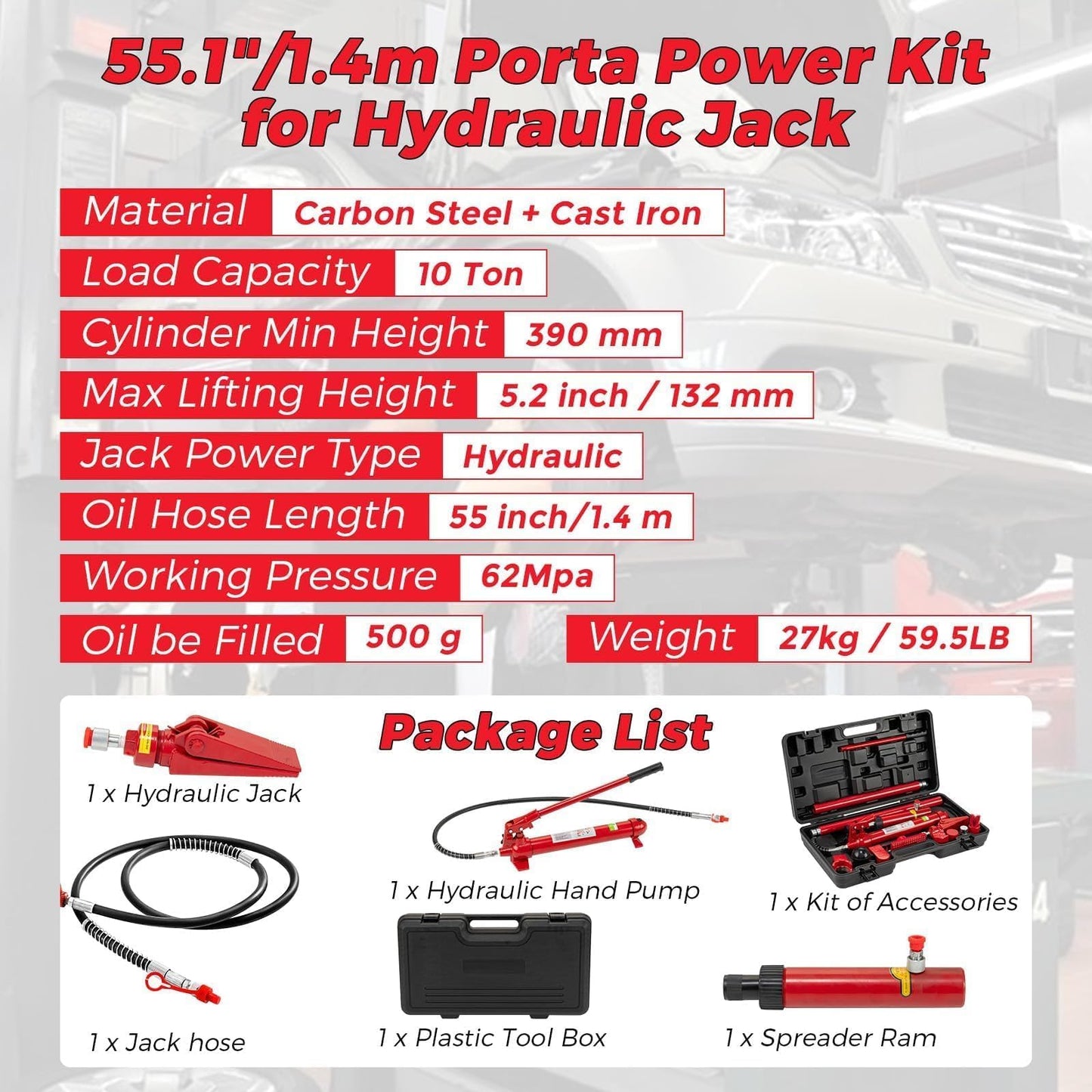 12 Ton Hydraulic Porta Power Kit, Heavy-Duty Frame Repair Tool Set with 4.6Ft Hose & Storage Case, 26,455 Lbs Capacity – Auto Body, Car, Truck & Garage Maintenance