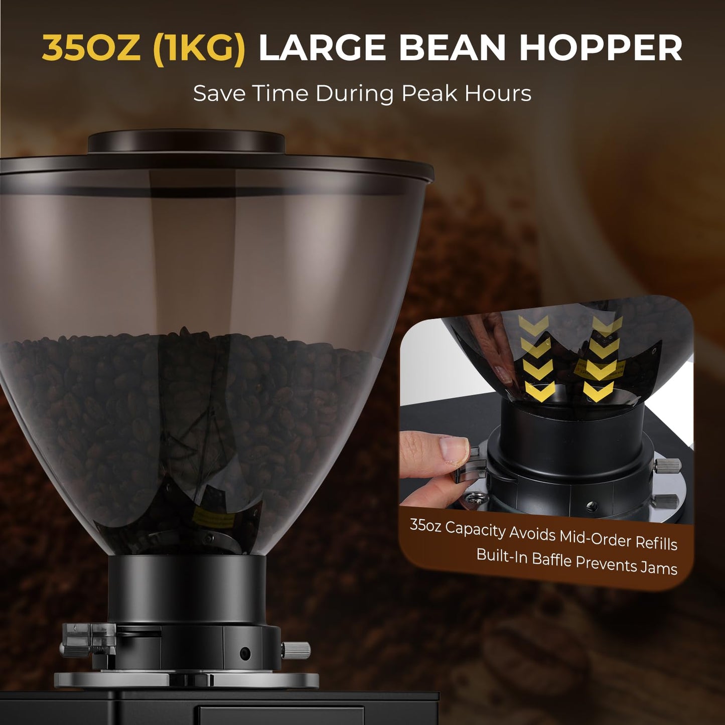 Flyseago Commercial Coffee Grinder with Electric Tamper, 64mm SUS420 Flat Burr, 14 Grind Settings for Café, Bakery