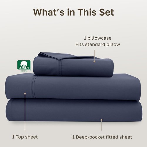 California Design Den Twin Size Bed Sheets Set - 100% Cotton, 400 Thread Count, Smooth Sateen Finish, Indigo Dusty Blue