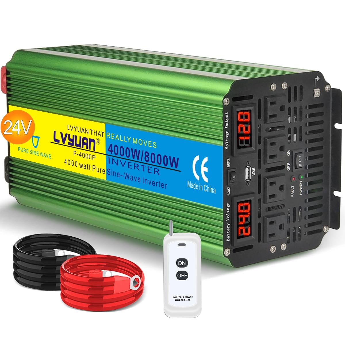 LVYUAN 4000 Watt Heavy Duty 8000(Peak) Pure Sine Wave Power Inverter 24V DC to 110V 120V AC Converter with 4 sockets,LED Display,Remote Control and USB Port for Family,RV, Truck,Road Trip,Emergency