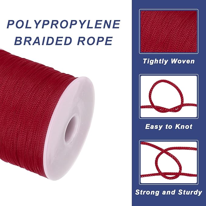 MECCANIXITY 1/16 Inch Polypropylene Rope Braided Ropes, 328ft Nylon Rope Hollow Utility Cord for Clothesline, Camping, Hiking, Outdoor, Wine Red