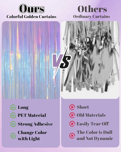 Iridescent Purple Party Streamers | 2 Pack Neon Transparent Holographic Tinsel Backdrop - 3.31 x 6.6 ft for Birthday & Wedding Decor