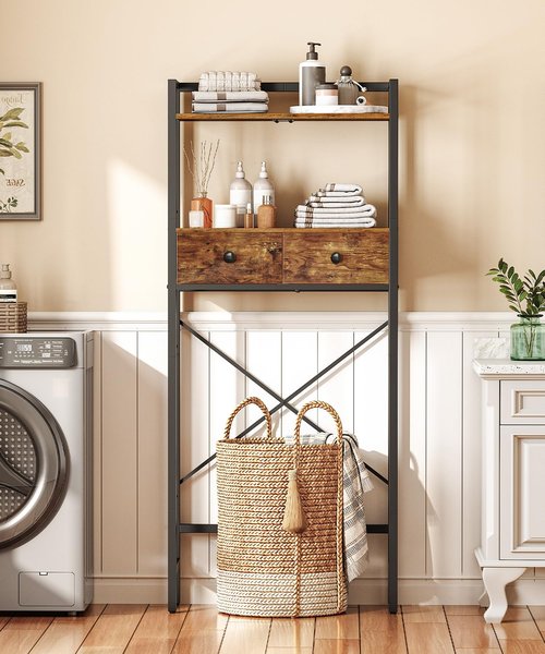 HOOBRO Over The Toilet Storage Rack with 2 Drawers, 3-Tier Bathroom Organizer Shelf Over Toilet, Freestanding Space Saver Bathroom Toilet Shelves Above Toilet for Room, Rustic Brown and Black BF47TS01