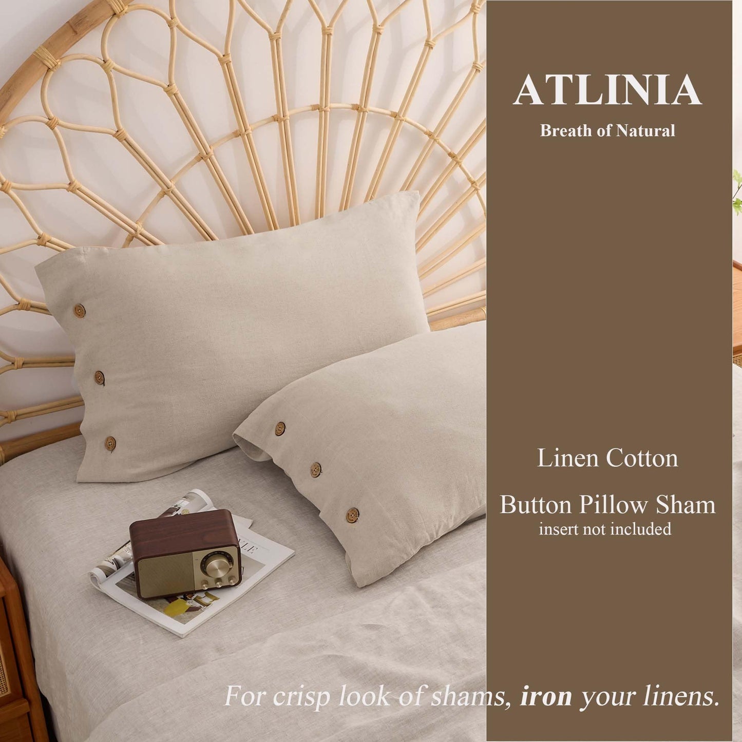 ATLINIA Linen Pillow Cases Standard Size - 20"x 26" Pillowcase Set of 2, Button Closure Cooling Breathable Pillow Cover, Bed Flax Linen Cotton Blend Farmhouse Netural Pillow Sham Linen Color
