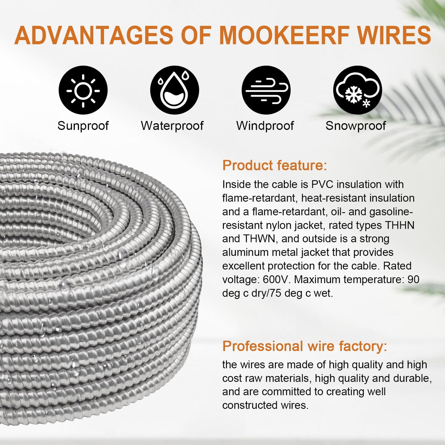 MOOKEERF 14/2 MC Cable with Ground - 10FT Pure Copper 14AWG/2 Metal Clad Wire with Aluminum Armor 14 Gauge 2 Conductor Type MC Alum Cable