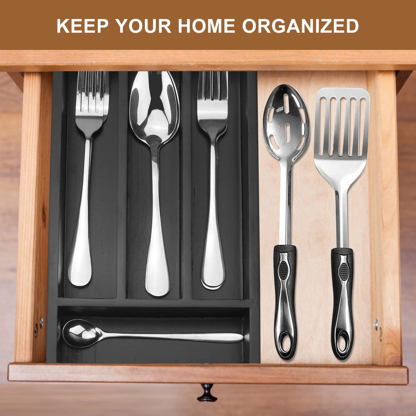 Ayiaren Wooden Silverware Drawer Organizer Tray Small Kitchen Utensil Holder for Drawer Narrow Flatware Organizers Divider Black Wood Cutlery Trays Bamboo Utensil Organizer Spoon and Fork Holder Tray