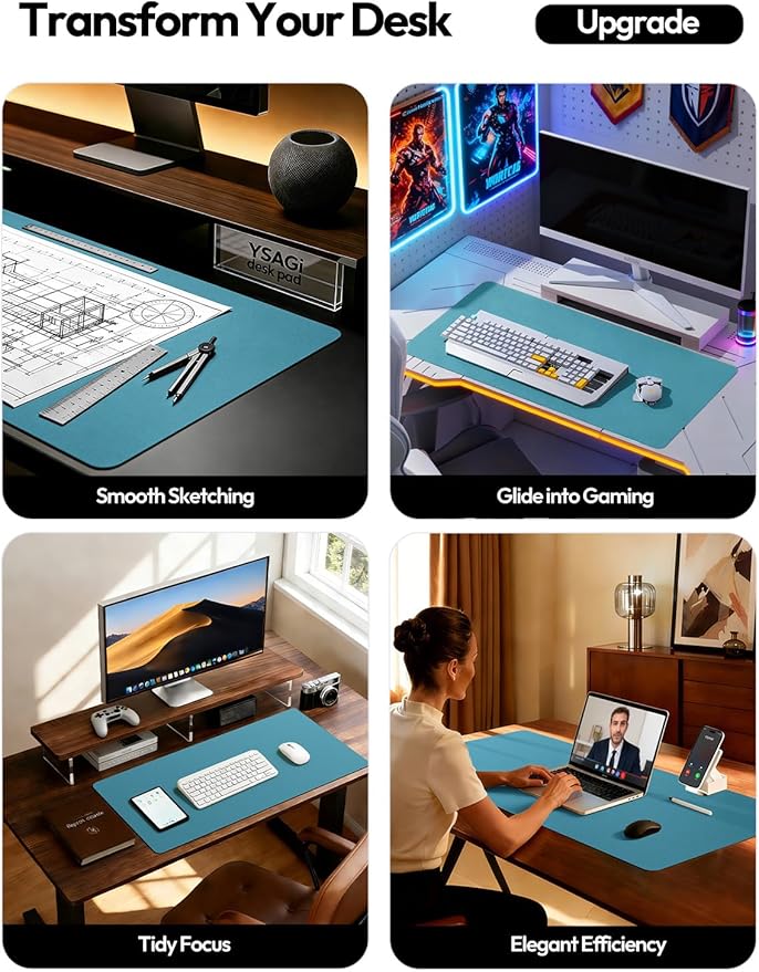 YSAGi Leather Desk Pad Protector, Office Desk Mat, Large Mouse Pad, Non-Slip PU Leather Desk Blotter, Laptop Desk Pad, Waterproof Desk Writing Pad for Office and Home (Turquoise,47.2" x 23.6")