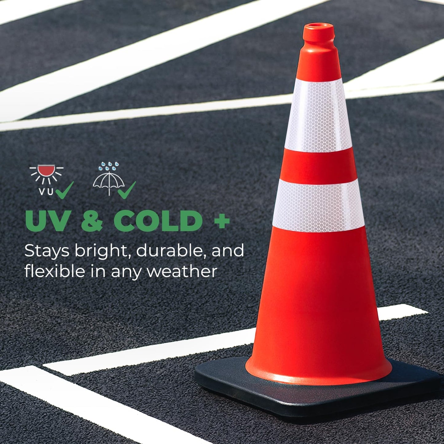 EconoHome Reflective Traffic Cones - 5.3 lbs Weighted Orange Safety Cones for Parking Lot, Traffic Control, Construction, Road Safety - Heavy Duty Square Base, Flexible PVC - 28-Inch Tall - 8-Pack