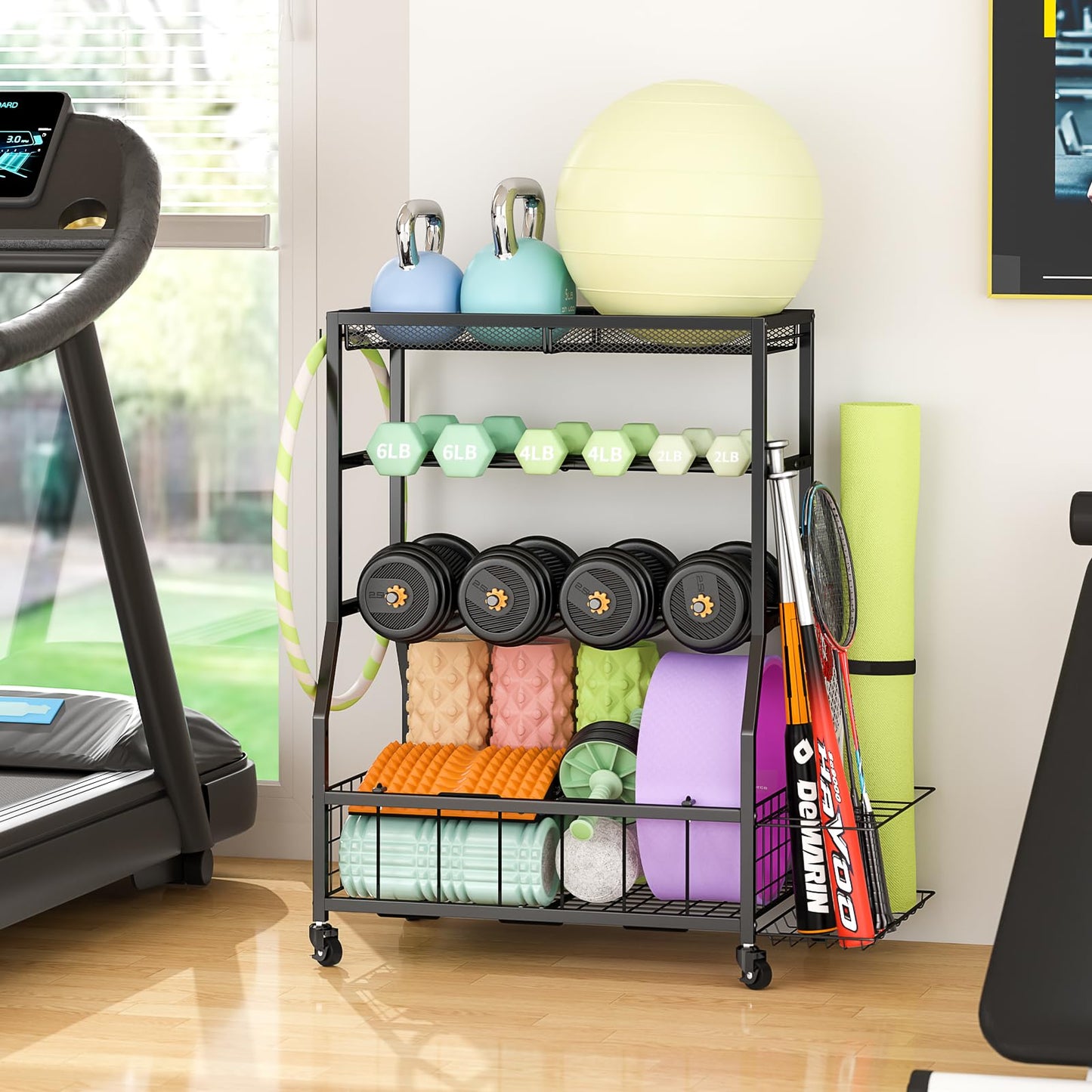 ThreeHio Home Gym Storage Rack, Dumbbell Rack with Yoga Mat Storage, Weight Rack Stand with Lockable Wheels and Hooks, Home Workout Equipment Organizer for Yoga Mate, Dumbbell, Kettlebells, Ball Storage