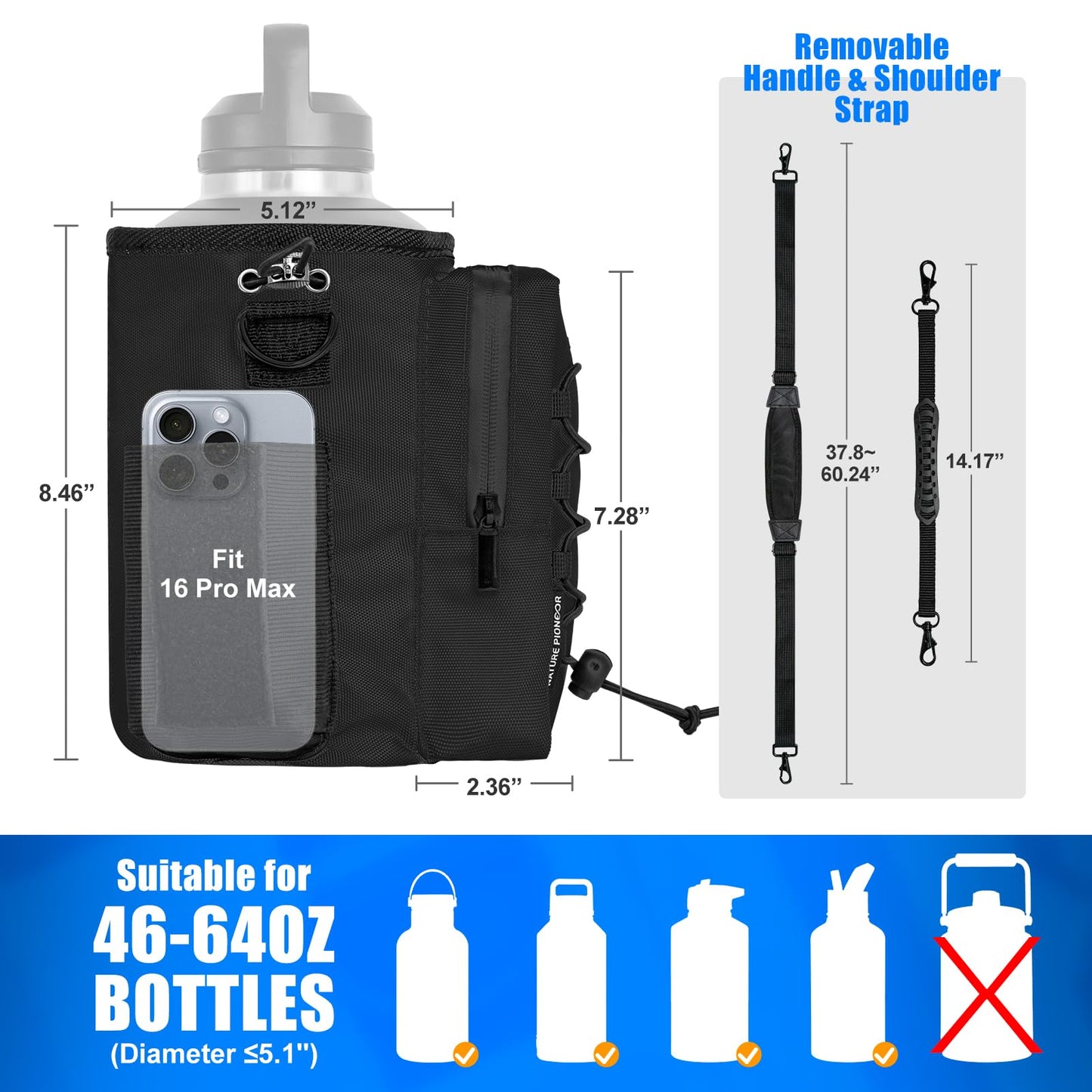 NATURE PIONEOR Magnetic Gym Bag for Men and Women - Magnet Water Bottle Holder Sling Carrier with Crossbody Shoulder Strap,Gym Accessories Pouch,Phone Pockets for Sports,Walking,Travel,Workout,Black