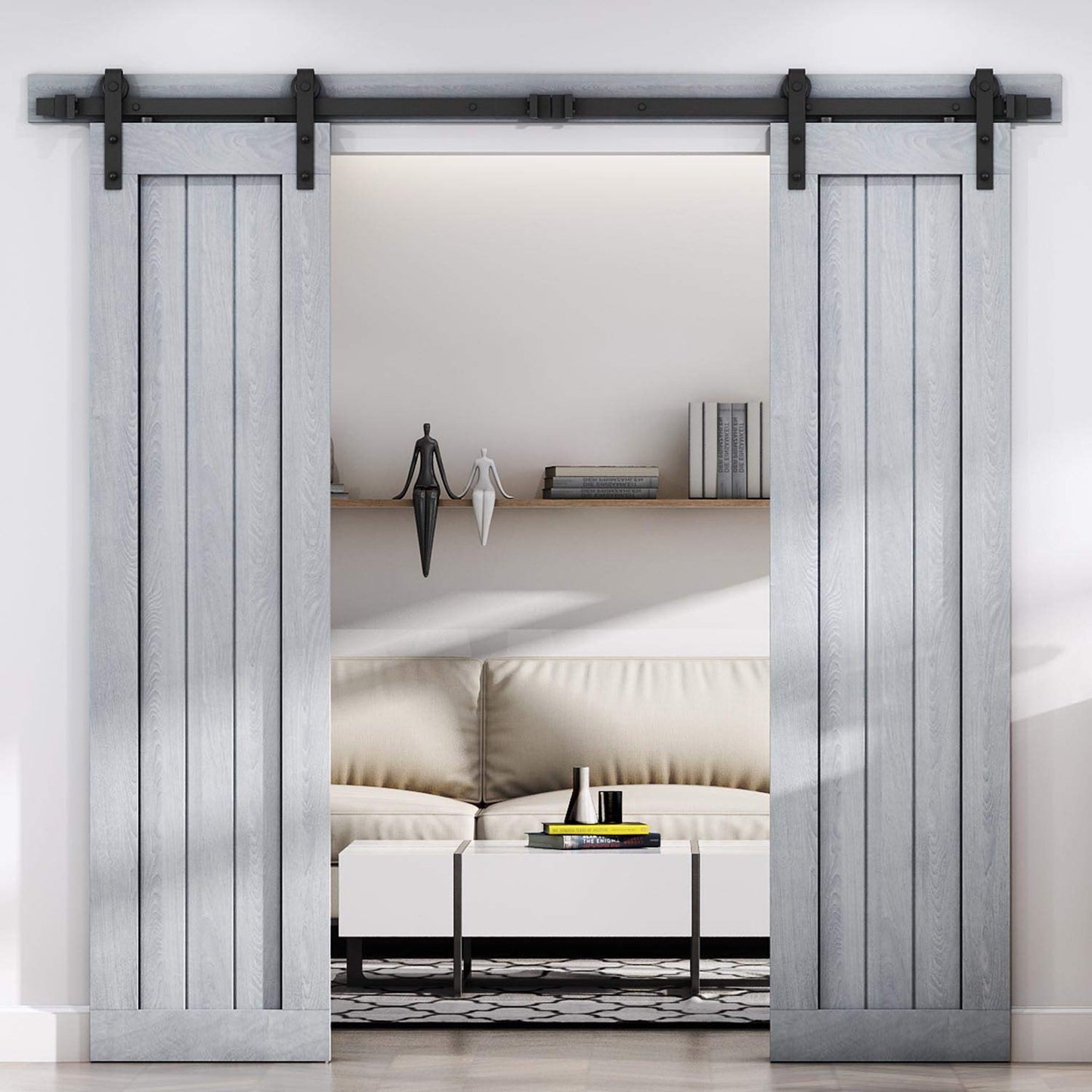EaseLife 8 FT Double Door Sliding Barn Door Hardware Track Kit,Basic J Pulley,Heavy Duty,Slide Smoothly Quietly,Easy Install (8FT Track Kit for Double 24" Wide Door)