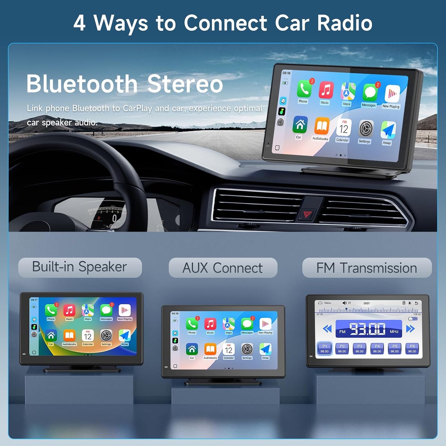 Haudio 7" 1080P Wireless CarPlay & Android Auto Screen for Car, Portable Car Stereo with Front & Rear Dash Cam, Backup