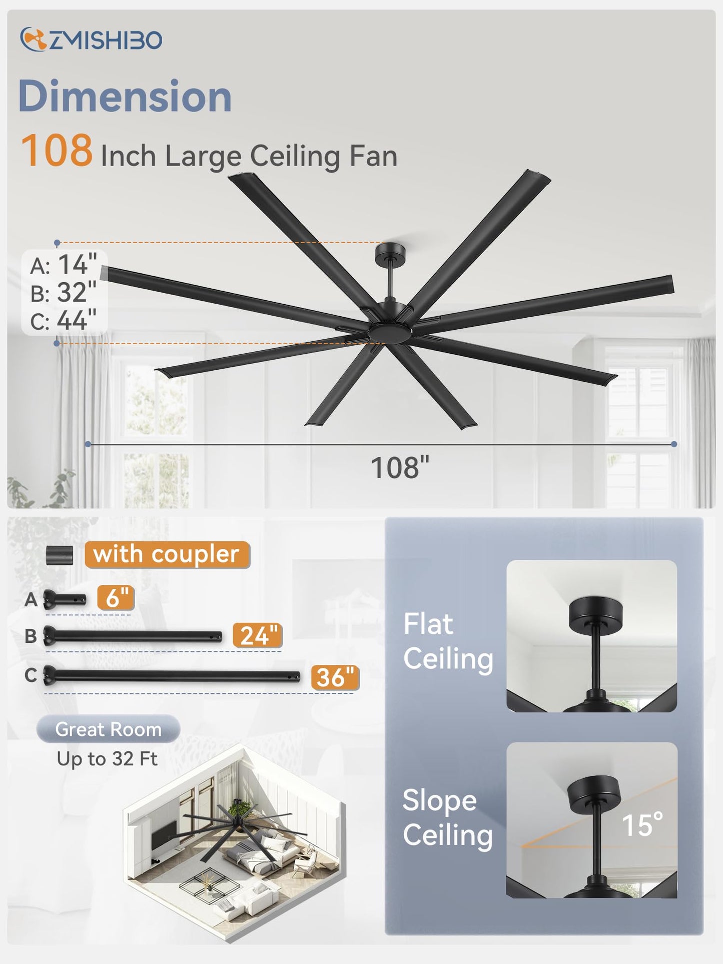 ZMISHIBO 108 Inch Large Ceiling Fans with Remote, High Volume(HVLS) Industrial Ceiling Fan with Reversible DC Motor, 8 Blades, 3 Downrods, Commercial Outdoor Ceiling Fans for Porch/Garage/Shop, Black