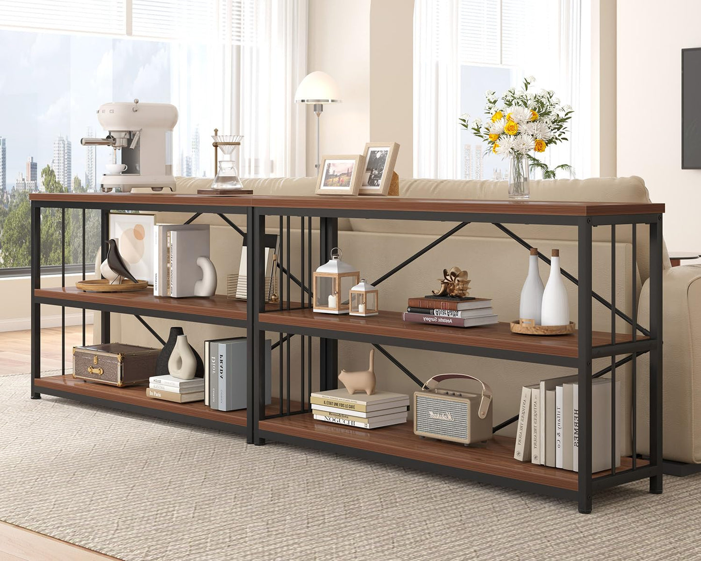 IBF 3-tier Industrial Bookshelf, Wood and Metal Horizontal Shelves Rustic Low Wide Bookcase with Large Open Storage, Farmhouse Simple Display Shelf for Home Office Living Room Kitchen, Walnut, 47 Inch