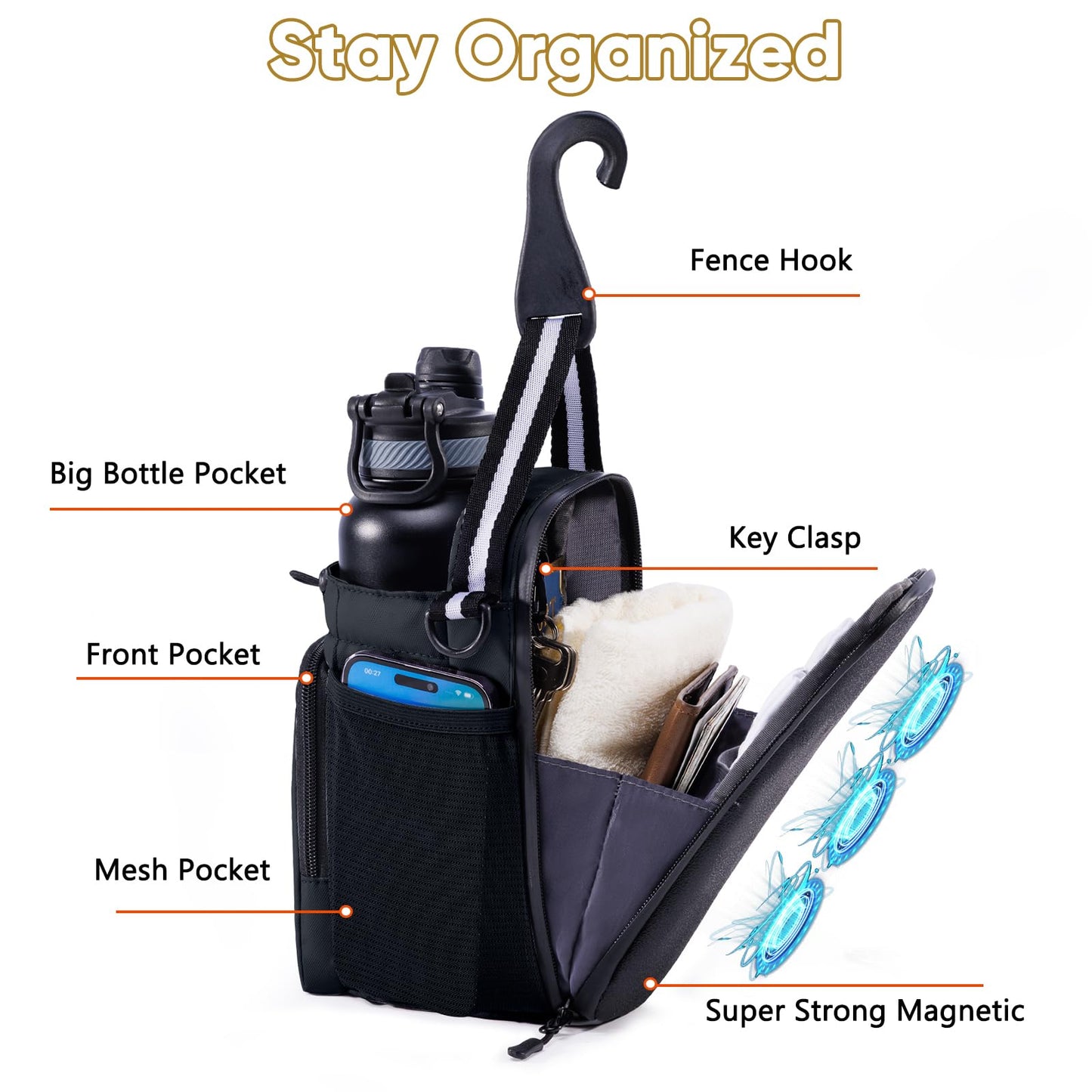 SPORJET Magnetic Gym Bag for Water Bottle – Fits Up to 46oz, Sling Water Bottle Holder with Strap & Phone Pocket, Magnetic Workout Bag for Gym, Fitness, Outdoor, Men & Women