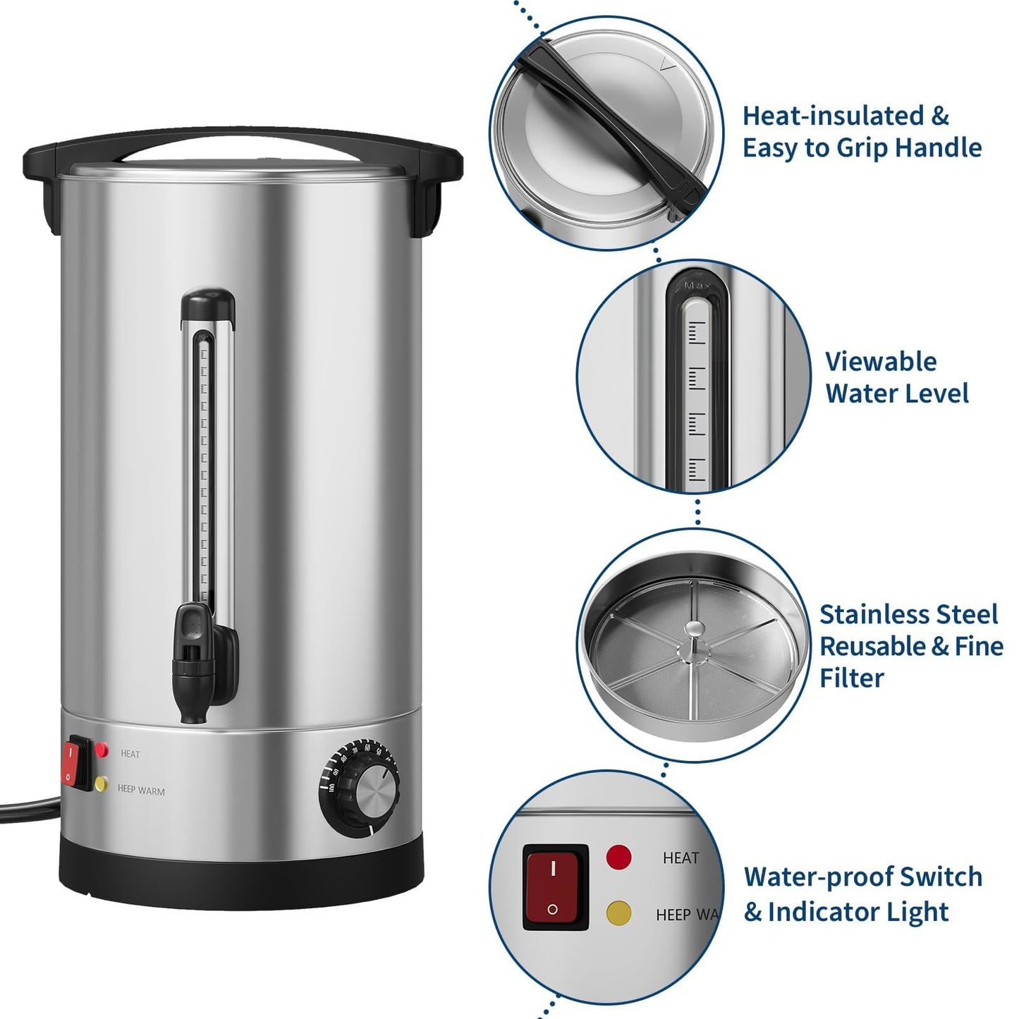 Sunvasagoo 110 Cups Double Wall Insulated Commercial Coffee Urn, 16L / 4.2 Gal Stainless Steel Hot Beverage Dispenser with Auto Temperature Control for Catering & Buffets, Silver