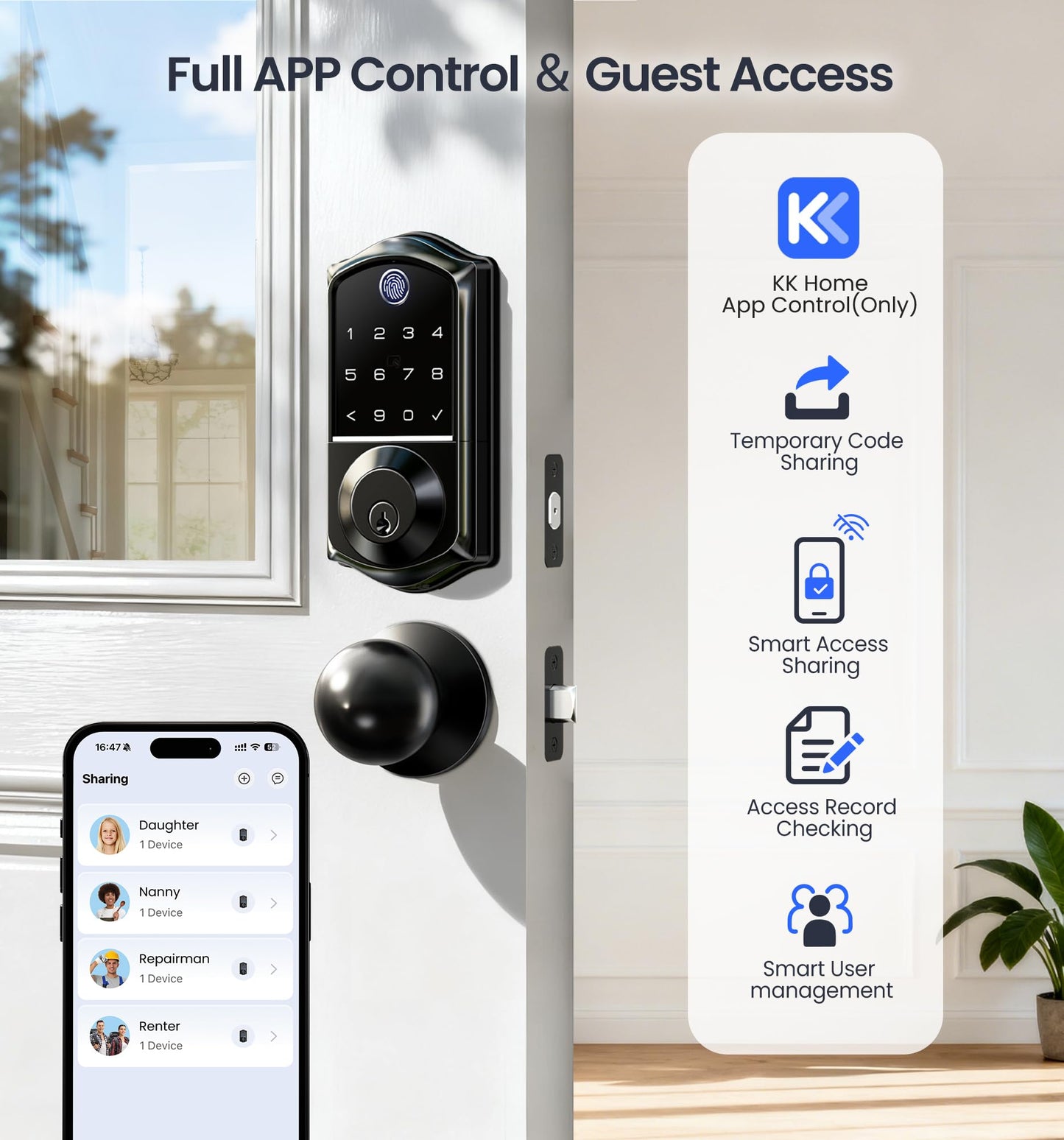 Veise VE017-K Fingerprint Smart Lock with 2 Knobs, App Control, Keyless Entry Front Door Lock Set, Electronic Touchscreen Keypad Deadbolt, Emergency Power Port, Easy Install, Auto-Lock, Matte Black