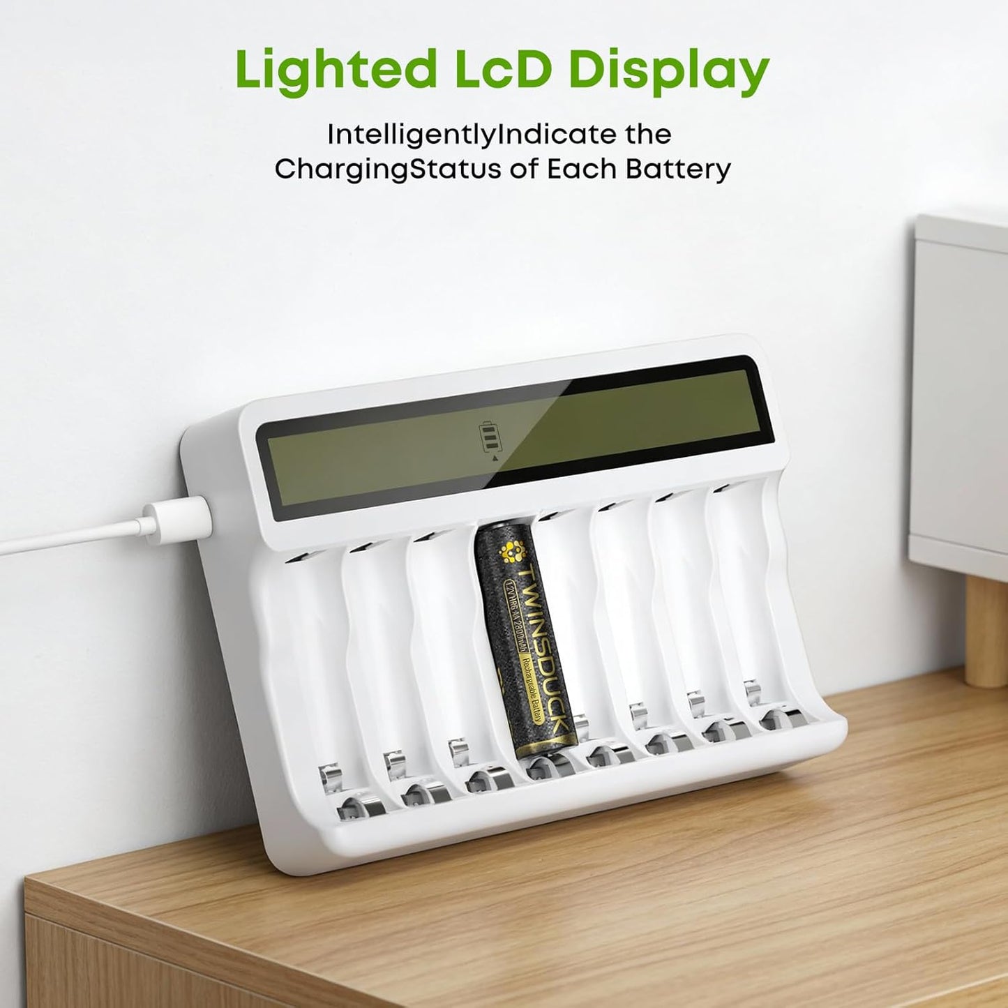 TWINSDUCK 8-Slot AA AAA Battery Charger, Smart LCD Display & Fast Charging for NiMH/NiCd (Micro USB Powered)