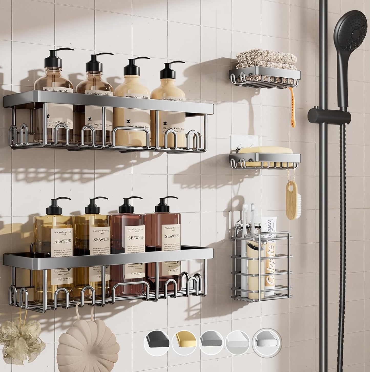 Veken Shower Caddy - Heavy-Duty Wall Mounted Organizer with Soap Dish & Toothbrush Holder | 5-Pack, Silver