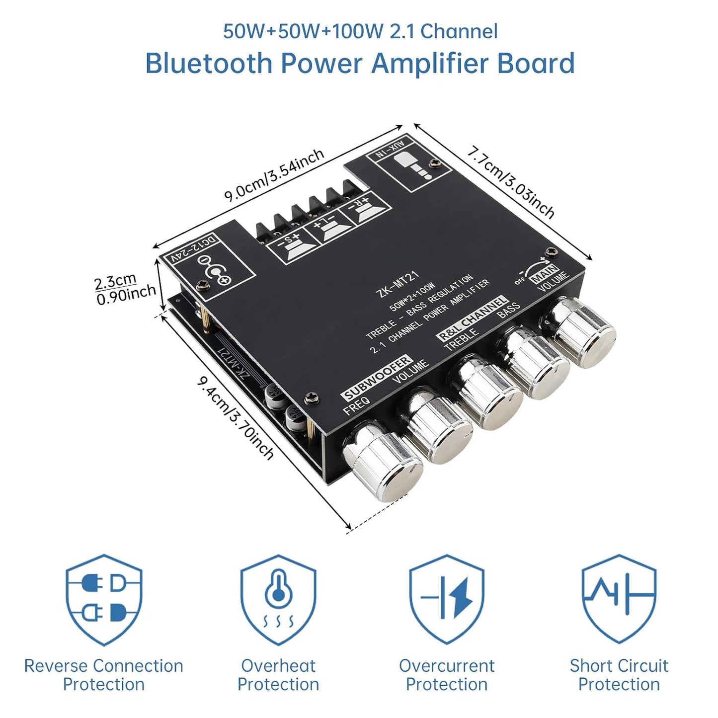 DiGiYes 2.1 50W 2+100W 12V-24V Bluetooth Power Amplifier Board with Subwoofer Channel x DC Audio Power Amplifier Module