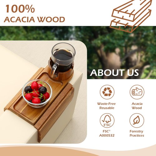 BAMTRAY Couch Cup Holder Tray, 15.75" Acacia Wood Couch Armrest Table, 3 in 1 Foldable Sofa Clip on Side Table with 360° Phone Stand, Armrest Tray for Coffee Snacks