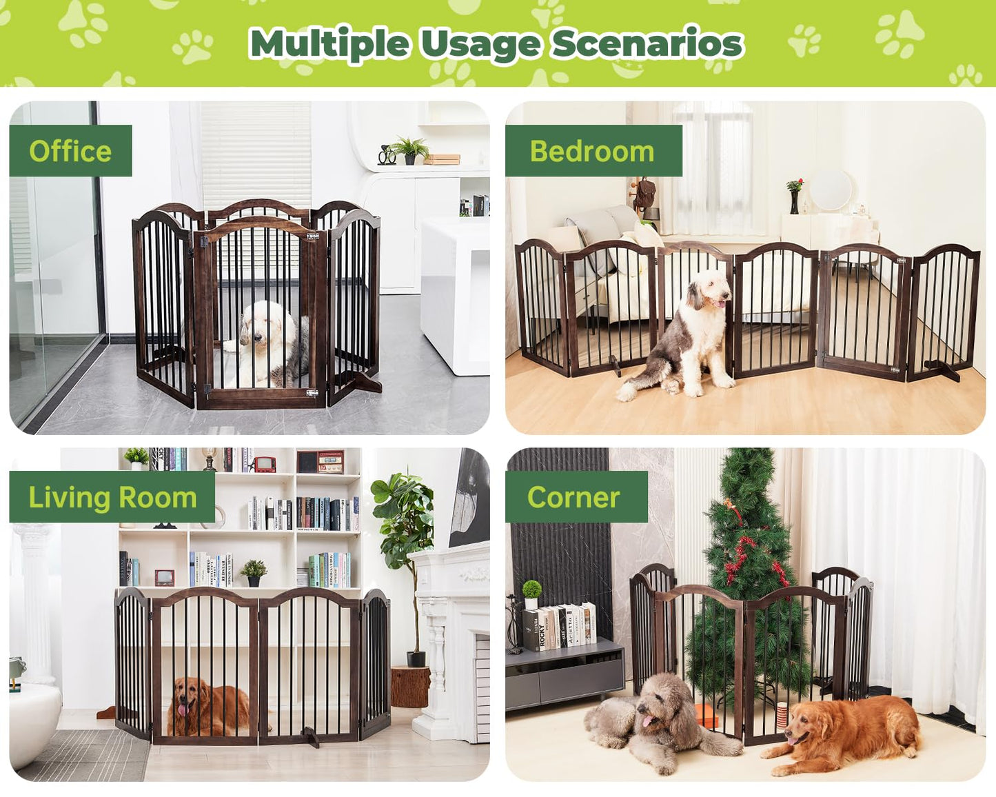 PrimeZone 144" Extra Wide Dog Gate - 36" Tall 6-Panel Solid Acacia Wooden Freestanding Puppy Gates with Door, Foldable Indoor Pet Fence for Doorways, Stairs, Support Feet Included, Brown