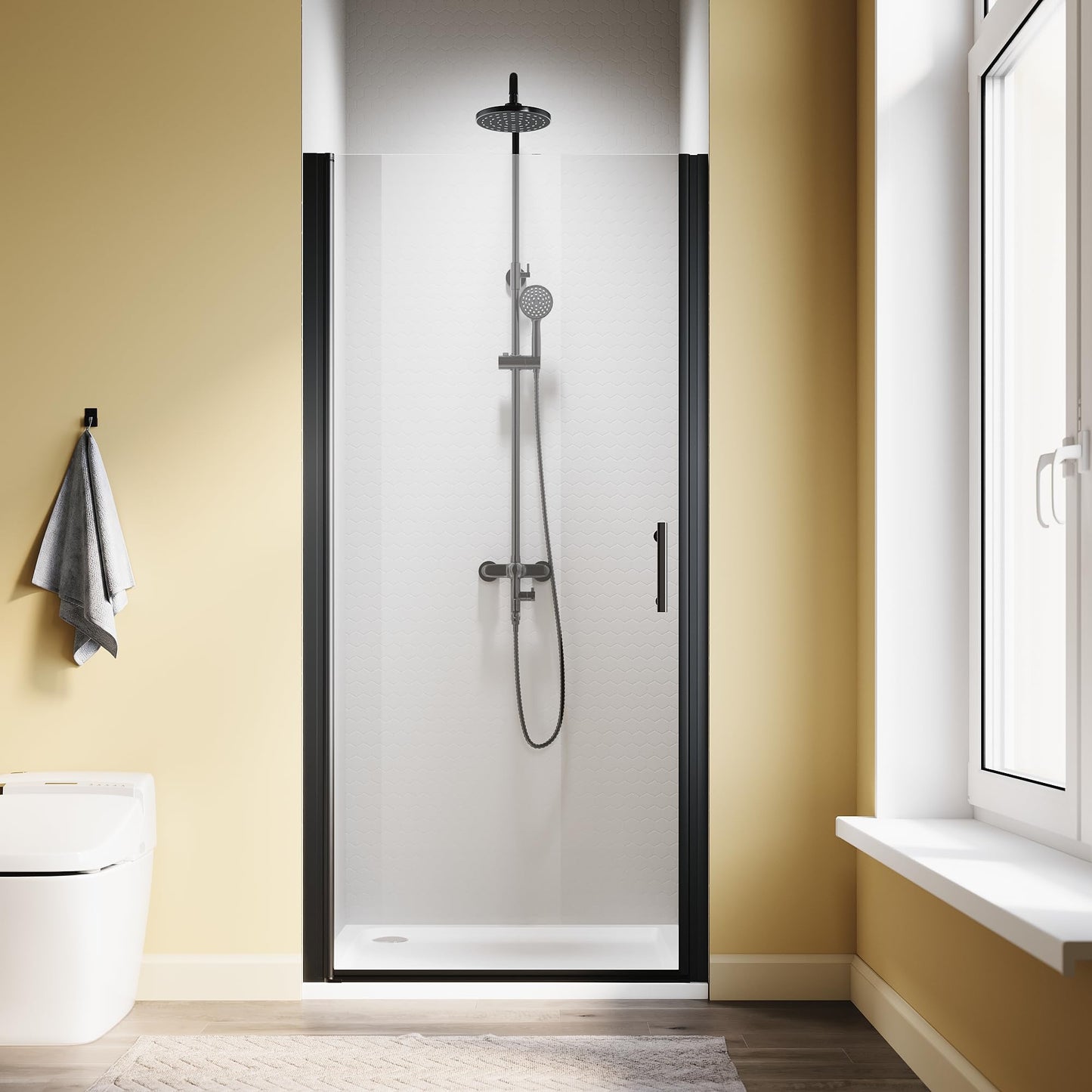 SL4U Pivot Shower Door, 34" W x 72" H, 1/4" Tempered Glass Shower Door, Pivot Swing Shower Glass Door, Easy to Clean, Matte Black Finish