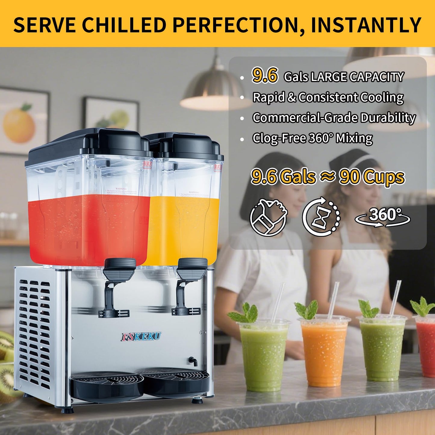 FSKEKU Commercial Beverage Dispenser, 36L (9.5 Gal) Refrigerated Juice Drink Machine, Stainless Steel Cold Iced Tea Cooler for Restaurant, Bar, Buffet