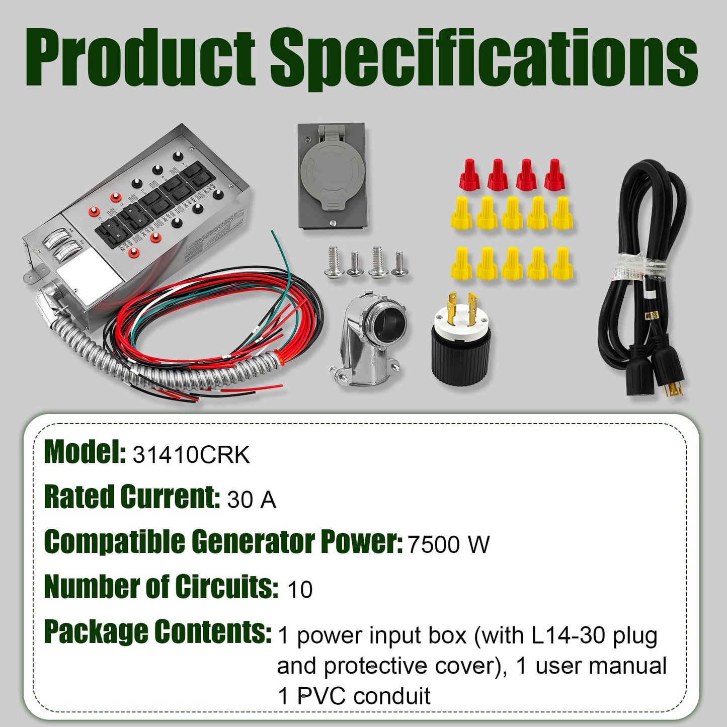 31410CRK 30 Amp 10-Circuit Generator Transfer Switch Kit 7500 Watts Replacement for Pro/Tran Include Weatherproof Inlet Box,18 Feet Hose,watt Meters,for Residential & Commercial Use 120V