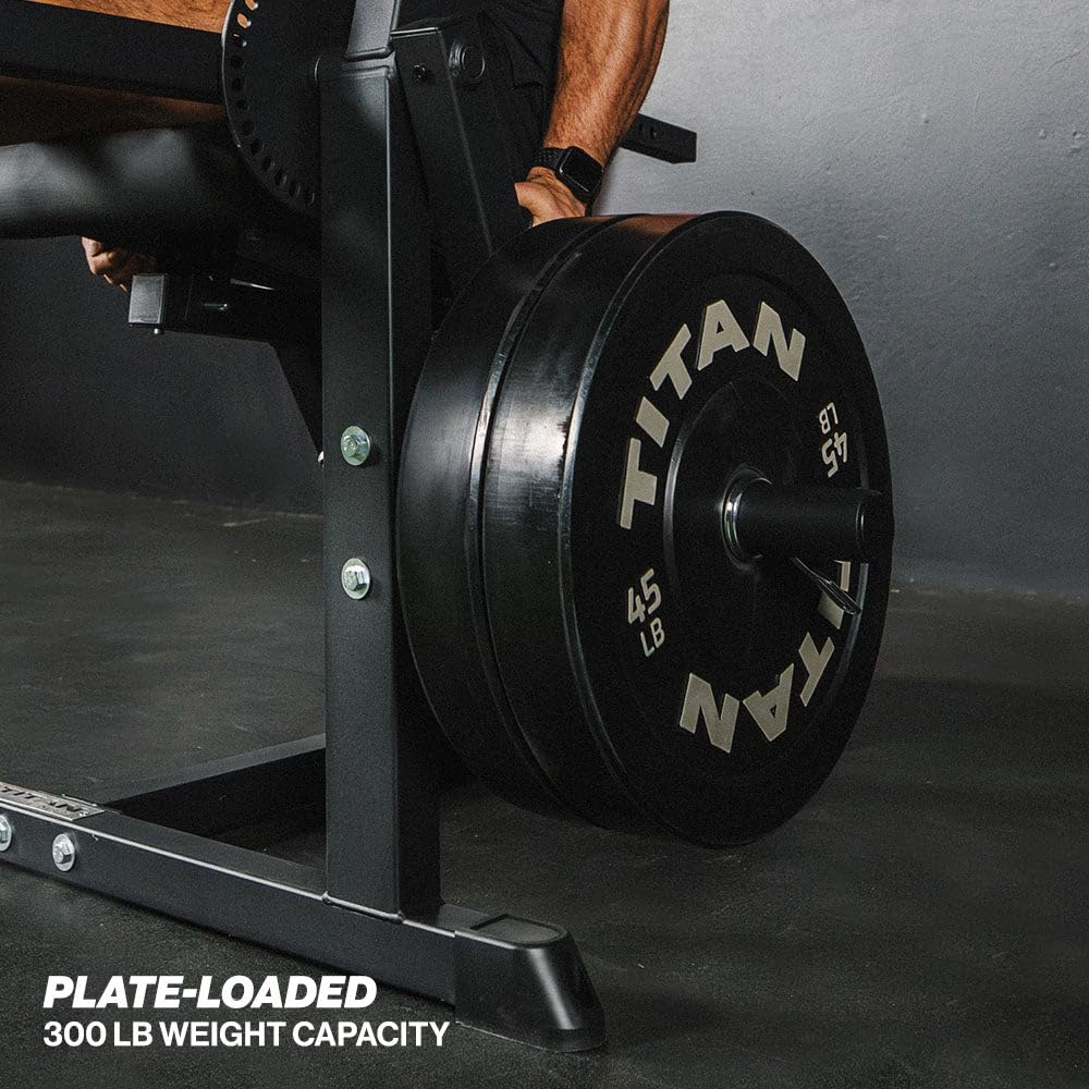 Titan Fitness Plate-Loaded Adjustable Leg Extension and Curl Machine, Rated 300 LB, Lower Body Specialty Machine for Extension and Curls, Muscle Focus on Thigh, Quads and Hamstrings