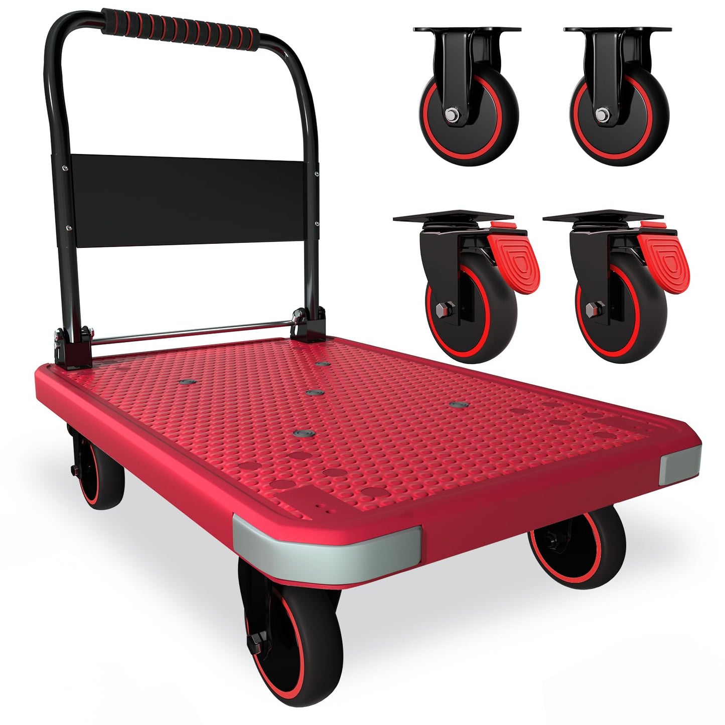 WUD Foldable Hand-Push Platform Truck with Brake, 360-Degree Swivel Wheels, 35.4”L x 23.6”W, 880 lb Load Capacity, Suitable for Luggage, Travel, Moving, Shopping, Office, Home Garden,Pink