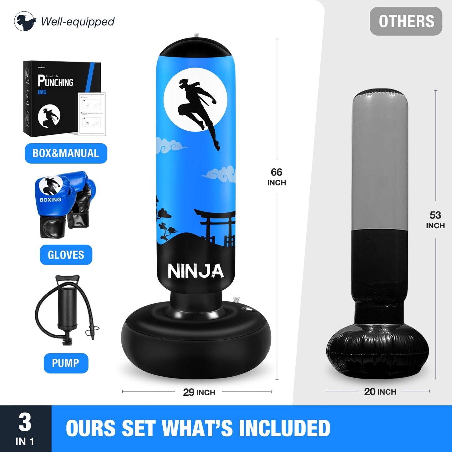 Esnowlee Punching Bag for Kids,66" Larger Kids Boxing Bag with Gloves, Ninja Inflatable Punching Bag for Boxing,Karate,Gifts for Boys Age 5-12
