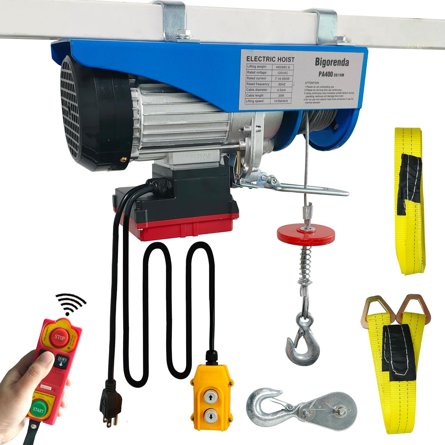 Bigorenda 880lb Electric Hoist with Remote Control/Wired Control, Electric Hoist 2 in 1, 110v Electric Hoist with Single/Double Slings,65.6/33ft Lifting Height, for Factory Attic Garage Warehouse