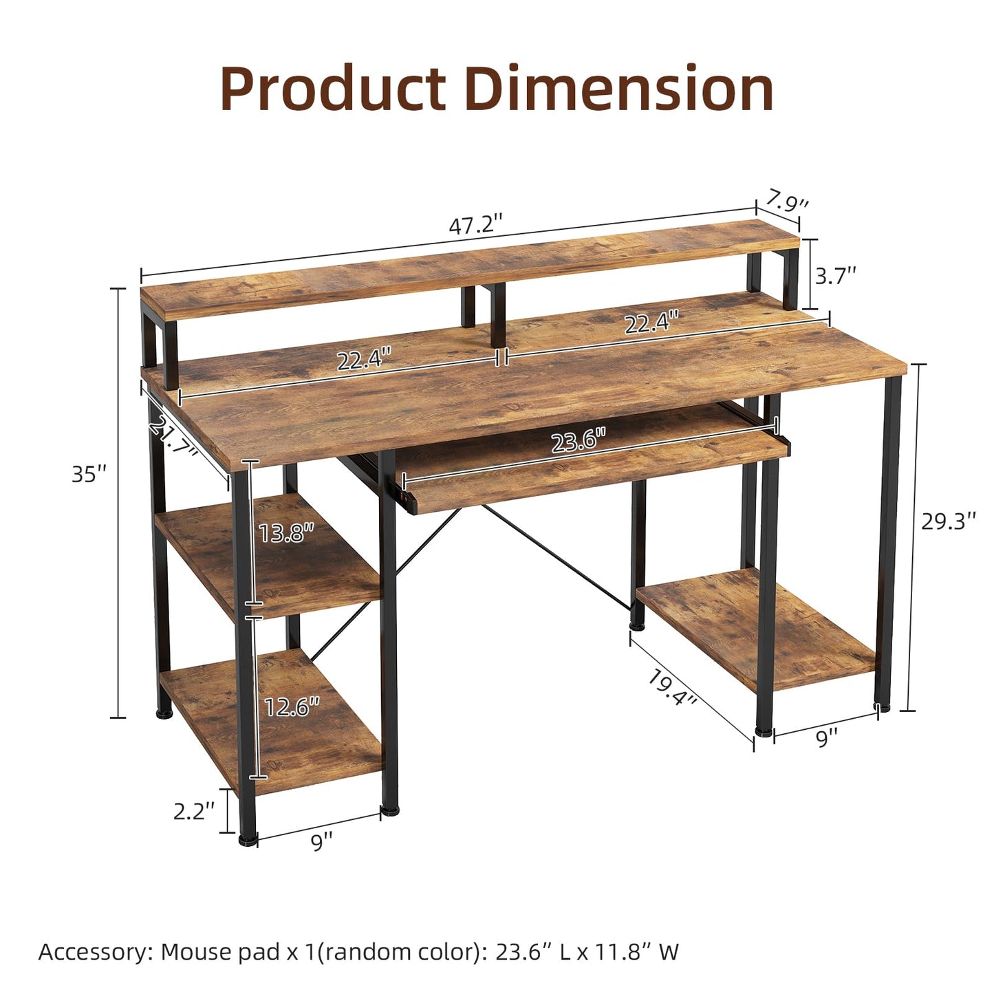 VERMESS 48Inch Computer Desk, Home Office Desks with Keyboard Tray, Gaming Desk with CPU Stand Shelf,Industrial Study Table Wide Writing Desk with Storage Shelves for 2 Monitors, Rustic Brown