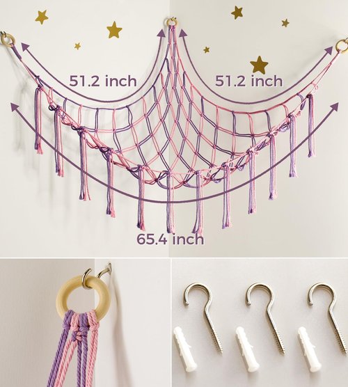 Mirolam Large Stuffed Animal Hammock - Corner Net Toy Storage Organizer for Girls' Room | Pink & Purple Boho Decor