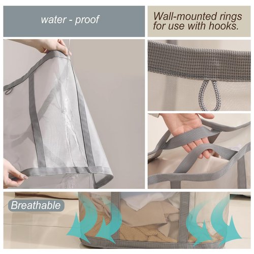 Mesh Bag with Handles, Collapsible Laundry Basket, Foldable Laundry Bag, Breathable Folding Beach Bag,Space-saving Travel Tote Bags (1, Grey)