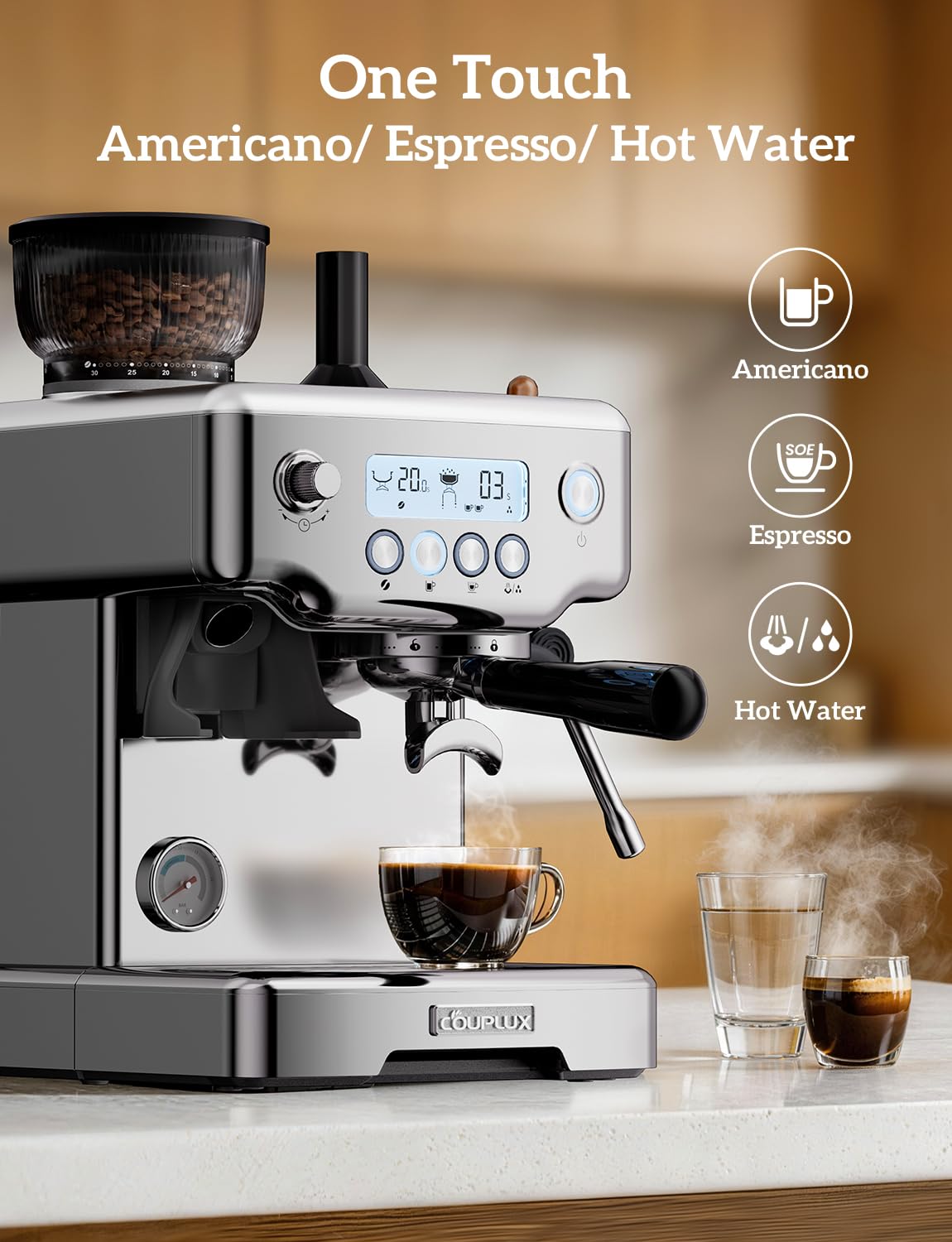 COUPLUX Espresso Machine with Grinder, 205℉ MAX Temp Control Expresso Coffee Machines 58MM Professional 15 Bar Espresso Maker with Milk Frother Steam Wand Perfect Americano Cappuccino & Latte for Home