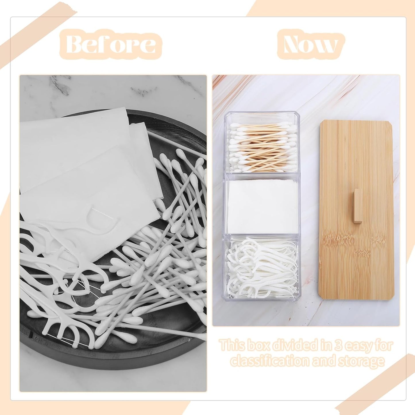 Wood Qtip Holder - 3 Compartment Cotton Ball & Swab Organizer with Lid | Clear Acrylic Makeup Storage