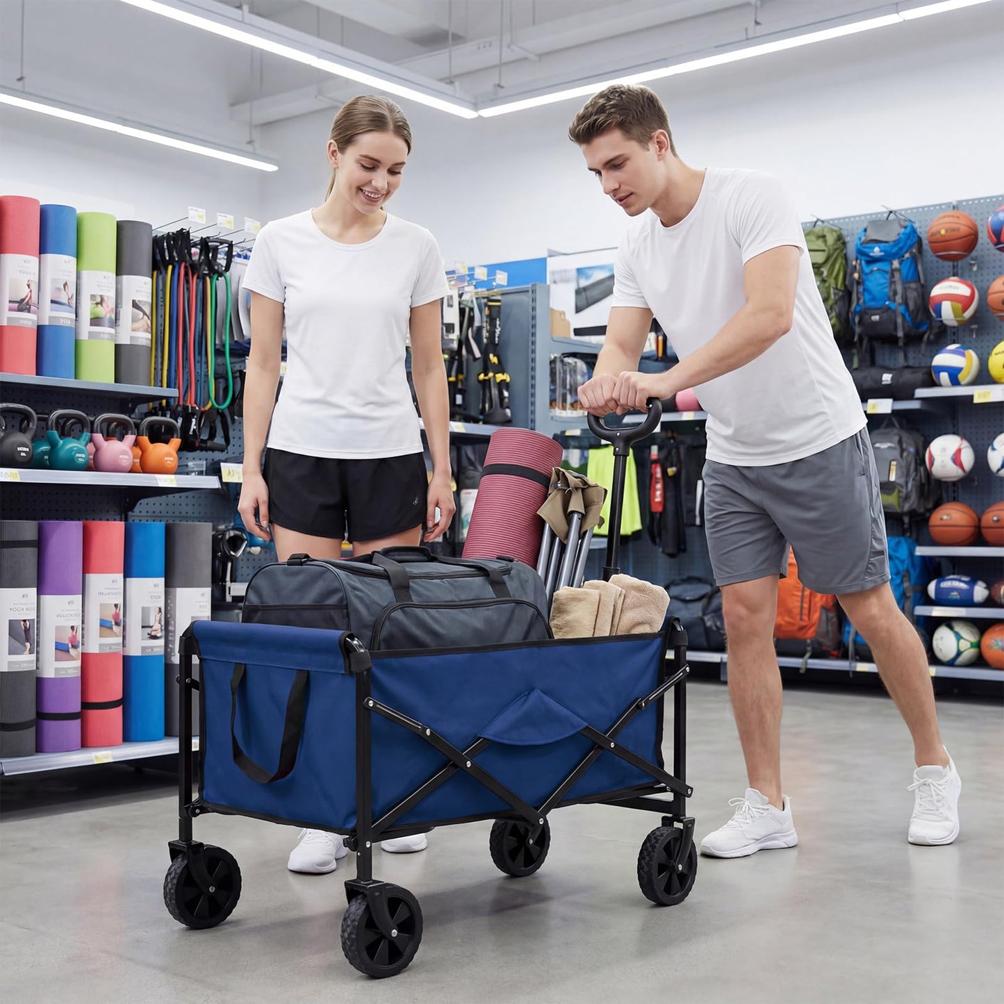 DUMOS Collapsible Wagon Cart, Heavy Duty Foldable Utility Wagon with Wheels – 220 lbs Capacity, Flexible Handle for Beach, Garden, Sports, Grocery & Camping, Blue