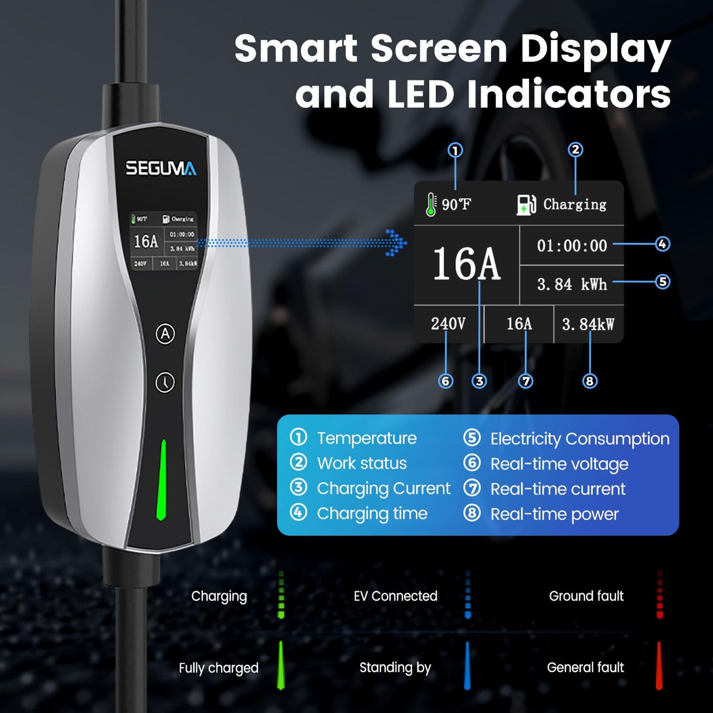 Level 1/2 EV Charger, 16Amp Adjustable Current NEMA 5-15 Plug/NEMA 6-20 Adapter, Timing Delay & LED Display 25FT Cable Portable EV Charging Station for J1772 BEVs/PHEVs 110V-240V(Silver)