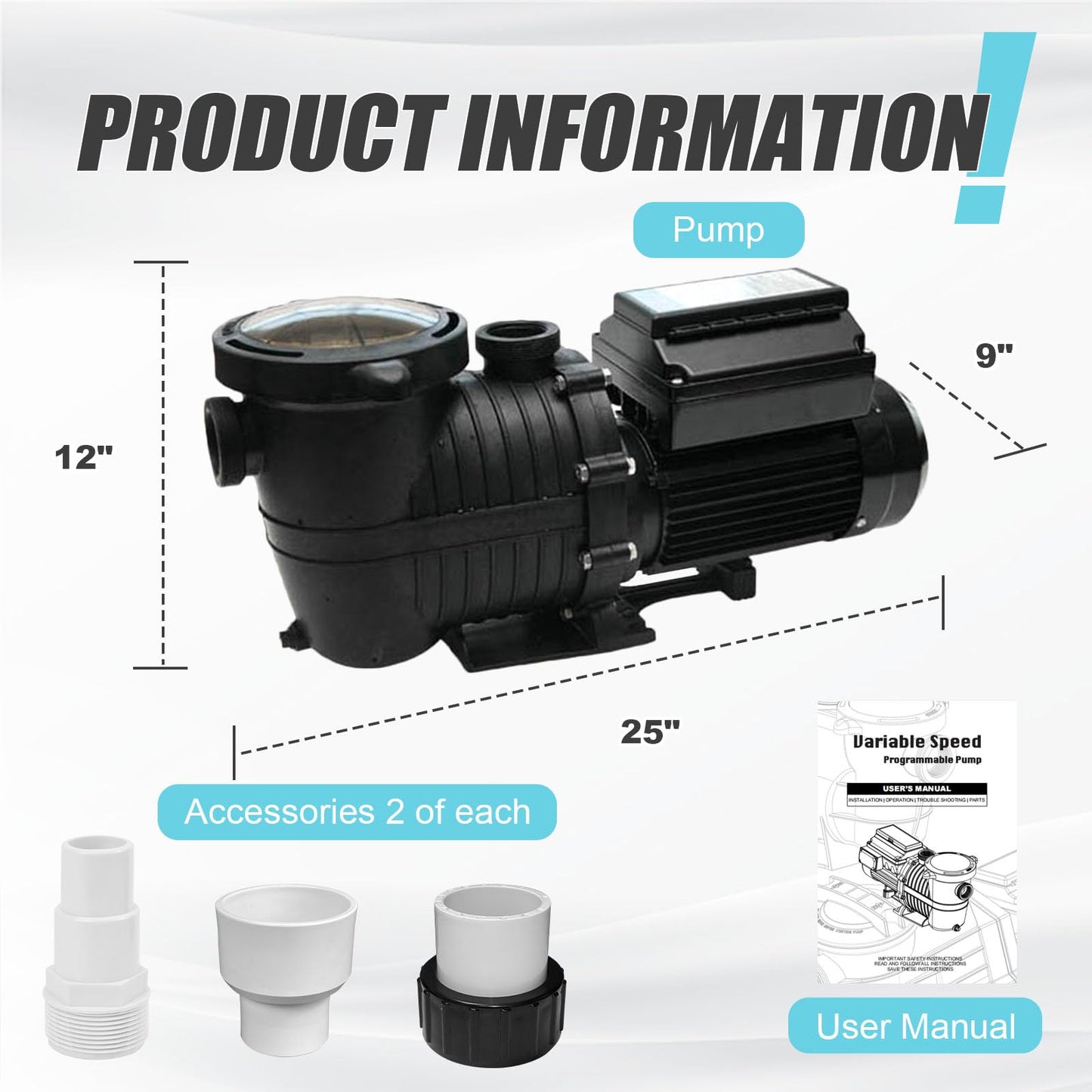 Variable Speed Pool Pump, 2.0HP, CEC & DOE compliant, 230V, 6420 GPH high flow. Energy-efficient VFD motor, strong suction, self-priming, for in/above-ground pools, with 1.25", 1.5" & 2" unions