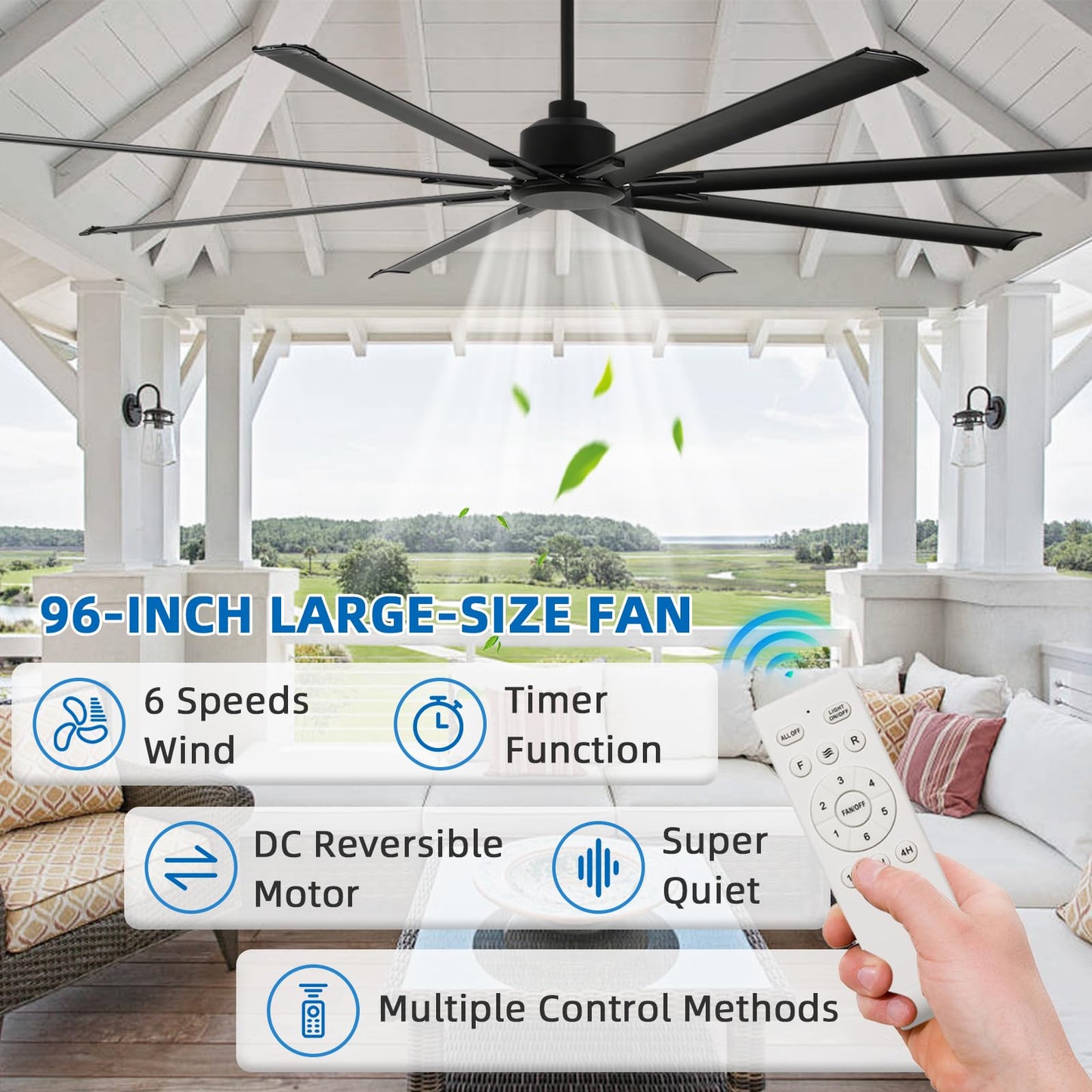 YYEHON 96 Inch Large Industrial Ceiling Fan no Lights, Reversible DC Motor, 3 Downrods, 6 Speed Remote Control, 8 Aluminum Blades, Outdoor Black Fans for Shop/Gym/Warehouse/Garage