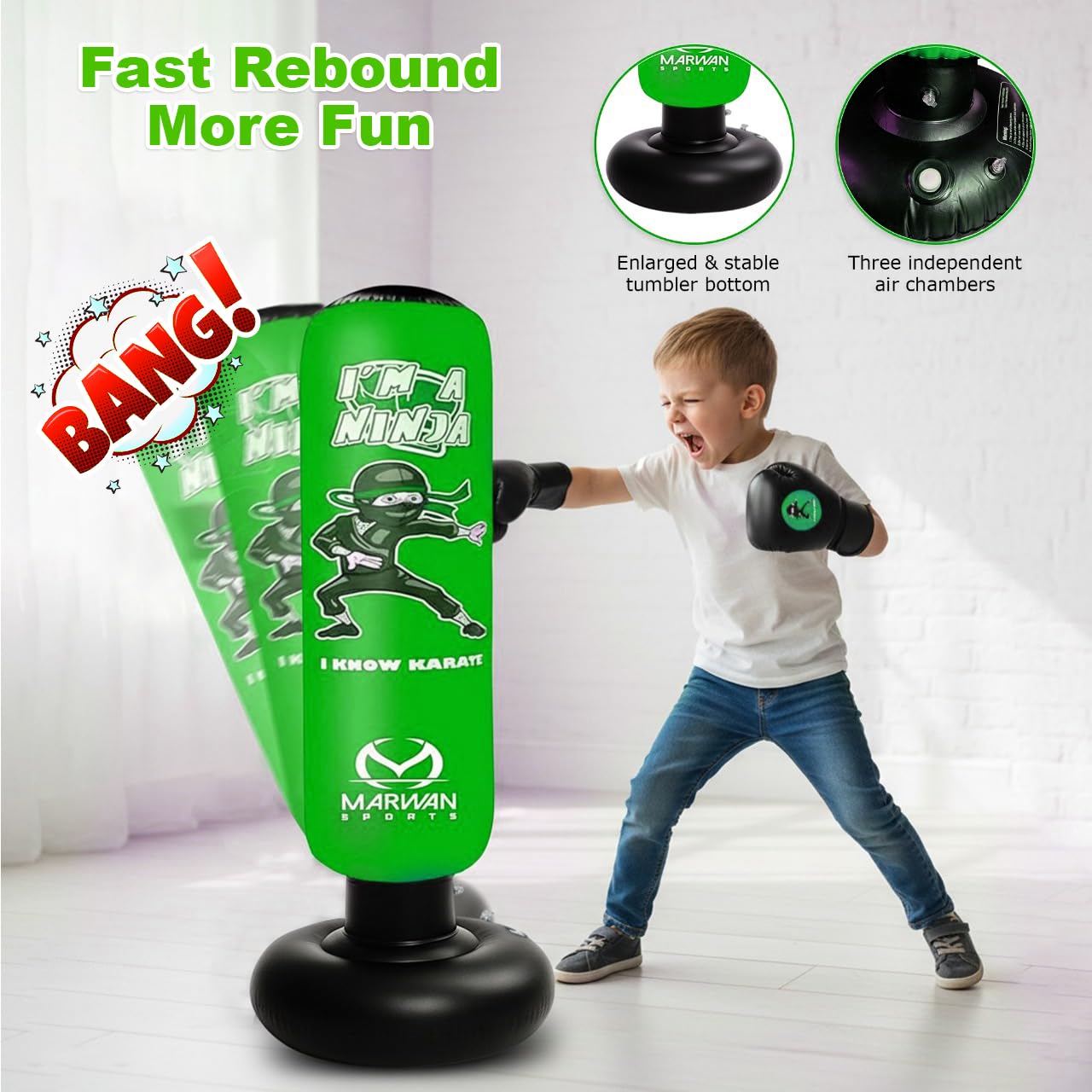 Marwan Sports Ninja Inflatable Punching Bag for Kids 4-12, Indoor Active Play for Sensory Seekers & High-Energy Kids, 63" 5-in-1: Gloves, Manual Pump, Funnel & Drag-Handle Base Cover, Apartment-Quiet