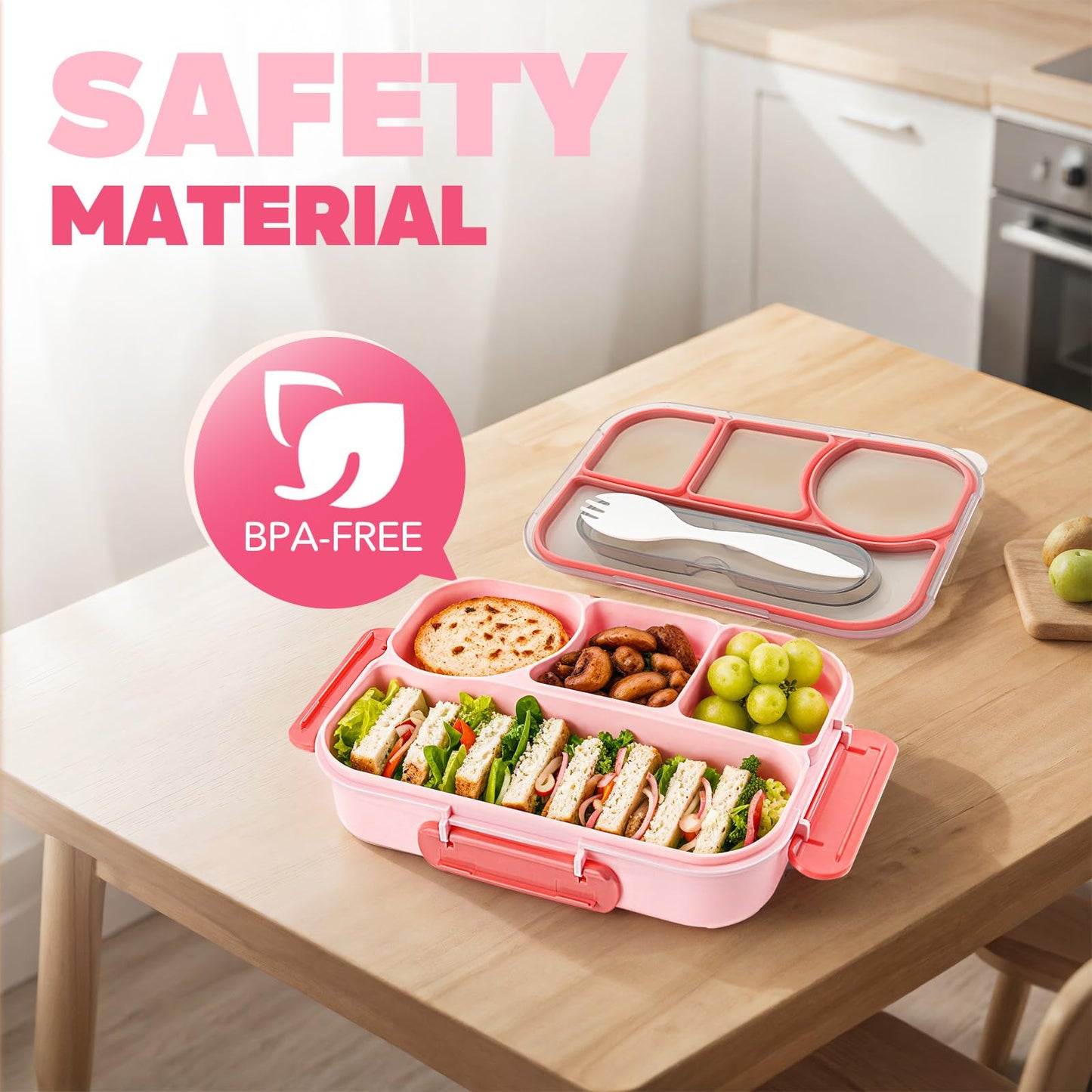EASYFUN Bento Box Adult, Lunch Box, 4-Compartment Lunch Containers, Drop-Proof, Dishwasher Safe & Made with BPA-Free Materials (Pink)