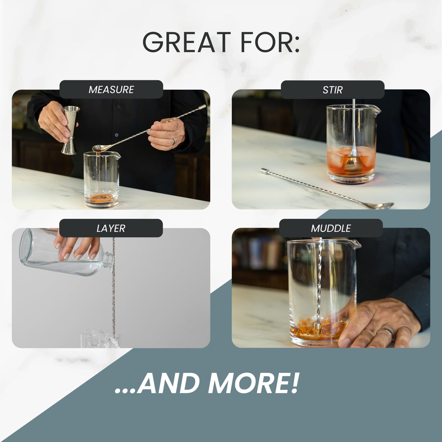 A Bar Above Bar Spoon Set, Spiral Handle, Stainless Steel Mixing Spoons for Cocktail Mixer Set, to Stir and Layer, Basic Professional or Home Bars Accessories (Gold, Smooth)