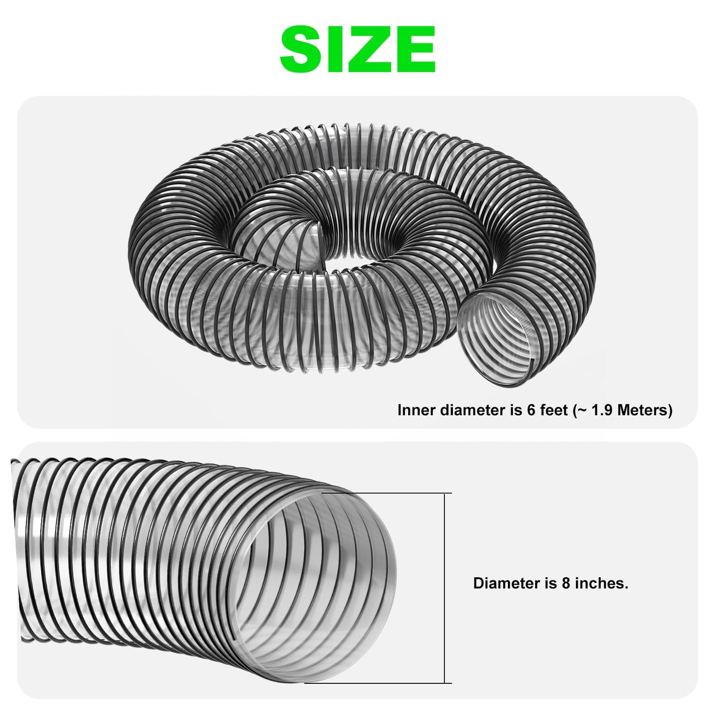 Leaf Vacuum Dust Collection Hose 8 Inch x 6 Foot PVC Flexible Grass Catcher Bagger Hoses Replacement DR Agri-Fab Etc Brands Lawn Leaf Blowers Hose