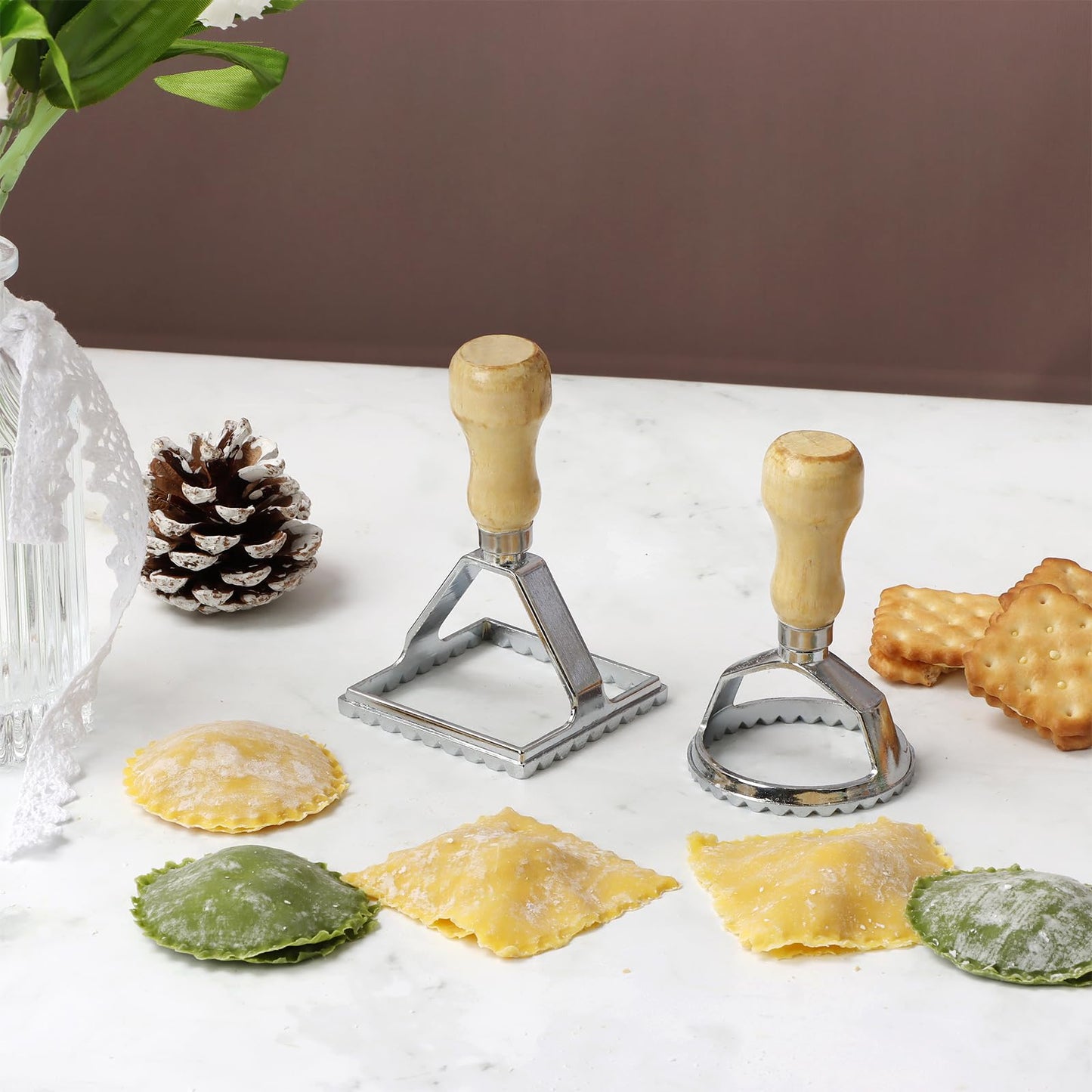 Ravioli Stamp Maker Cutter with Roller Wheel Set, Large Size Aluminum Press with Wooden Handle and Fluted Edge, Ravioli Maker Stamp for Ravioli, Pasta, Dumplings Lasagna, Pierogi, Set of 4